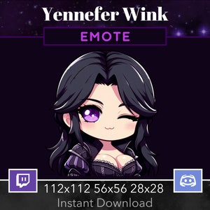 May include: A purple and black digital illustration of a woman with long black hair, wearing a black and purple dress, winking. The image is labeled "Yennefer Wink EMOTE" and includes the Twitch and Discord logos. The text "112x112 56x56 28x28 Instant Download" is below the logos.