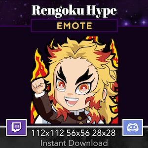 Pode incluir: Uma ilustração digital de um personagem de desenho animado com cabelo laranja flamejante e um fundo de chamas vermelhas e amarelas. O texto "Rengoku Hype" e "EMOTE" estão acima do personagem. O texto "112x112 56x56 28x28 Download instantâneo" está abaixo do personagem. Os logotipos do Twitch e Discord estão de ambos os lados do texto.