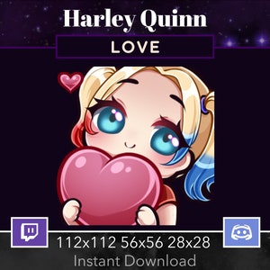 May include: A cartoon illustration of Harley Quinn holding a large pink heart. She is wearing her signature red and blue costume with pigtails. The text "LOVE" is above her and the text "112x112 56x56 28x28 Instant Download" is below her.