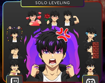 Lot de 10 solo Leveling Sung Jinwoo, lot. Emote, Twitch, Discord, Streaming, Imprimable, Manga, Anime, Rage, montée de niveau, Amour, Flex, Pop-corn, Pleurer