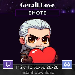 以下が含まれることがあります： 赤いハートを持つキャラクターのデジタルイラスト。テキストは「Geralt Love EMOTE」。キャラクターは白い髪で厳しい表情をしています。画像にはTwitchとDiscordのロゴとサイズが含まれています。