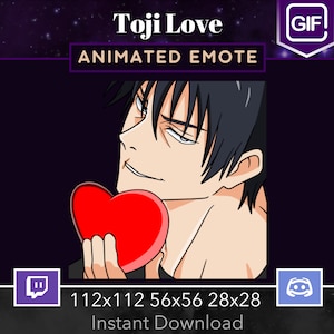 May include: Animated GIF emote of a man with black hair holding a red heart. The text "Toji Love" is above the image. The text "ANIMATED EMOTE" is below the image. The text "112x112 56x56 28x28" is below the image. The text "Instant Download" is below the image.