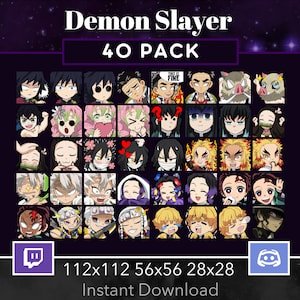May include: A set of 40 Demon Slayer anime character emojis in various poses and expressions. The emojis are arranged in a grid with a purple background. The text "Demon Slayer 40 PACK" is at the top of the image. The text "112x112 56x56 28x28 Instant Download" is at the bottom of the image.