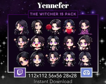 The Witcher Yennefer 15 EMOTE PACK for Twitch, Discord, Youtube, Stream, Printable, Black Hair, Purple Eyes, Chibi, Uwu, Rose, Love, Coffee