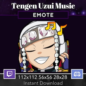 May include: A cartoon illustration of a character with white hair and a red and gold outfit listening to music with headphones. The character is smiling and has their eyes closed. The image is set against a dark purple background with stars. The text "EMOTE" is above the character and the text "112x112 56x56 28x28 Instant Download" is below the character.