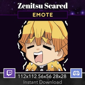 May include: A cartoon illustration of Zenitsu from Demon Slayer, with a scared expression, in a yellow and black outfit. The image is labelled "Zenitsu Scared EMOTE" and includes sizes for different platforms: 112x112, 56x56, 28x28.