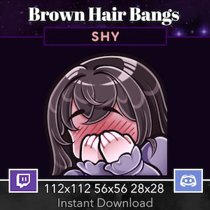 Könnte beinhalten: Eine digitale Illustration einer Comicfigur mit braunen Haaren und Pony, die sich mit den Händen das Gesicht bedeckt und rot wird. Der Text "SHY" befindet sich über der Figur. Das Bild ist ein Twitch- und Discord-Emote.