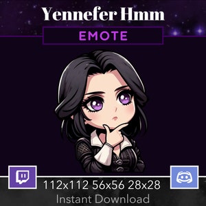 May include: A purple-eyed cartoon character with black hair, wearing a black and white outfit, is thinking. The character is in a purple and black frame with the text "Yennefer Hmm" and "EMOTE" above the character. The text "112x112 56x56 28x28" and "Instant Download" are below the character. The Twitch and Discord logos are on either side of the text.