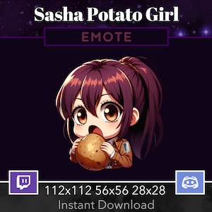 Puede incluir: Una ilustración digital de una niña de dibujos animados con cabello castaño, que lleva una chaqueta marrón con una patata marrón en la mano. La imagen está sobre un fondo morado oscuro con estrellas blancas. El texto "EMOTE" está en la parte superior de la imagen. El texto "112x112 56x56 28x28" está debajo de la imagen. El texto "Descarga instantánea" está debajo del texto "112x112 56x56 28x28".