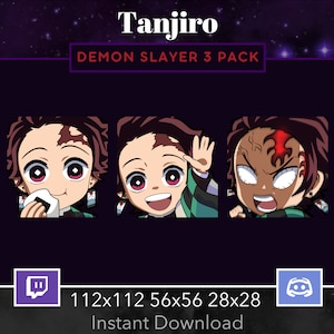 Pode incluir: Três ilustrações digitais de Tanjiro Kamado de Demon Slayer. As imagens estão em um conjunto de 3, com tamanhos de 112x112, 56x56 e 28x28 pixels. As imagens são adequadas para uso no Twitch e Discord.