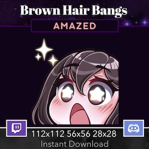 Könnte beinhalten: Eine Cartoon-Illustration eines überraschten Anime-Charakters mit braunen Haaren und Pony. Der Charakter hat große Augen mit weißen Sternen darin. Das Bild ist vor einem dunkelvioletten Hintergrund mit weißen Sternen platziert. Der Text "AMAZED" befindet sich oben im Bild. Der Text "112x112 56x56 28x28" befindet sich unter dem Bild. Der Text "Instant Download" befindet sich unter dem Größentext.
