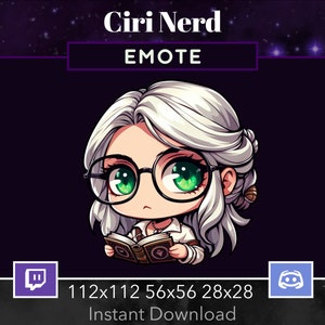 Peut inclure: Une illustration numérique d'un personnage de dessin animé aux cheveux blancs, portant des lunettes et lisant un livre. Le personnage porte une chemise blanche avec un collier en or. L'arrière-plan est d'un violet foncé avec des étoiles. Le texte "Ciri Nerd" et "EMOTE" sont en haut de l'image. Le texte "112x112 56x56 28x28 Téléchargement instantané" est en bas de l'image.