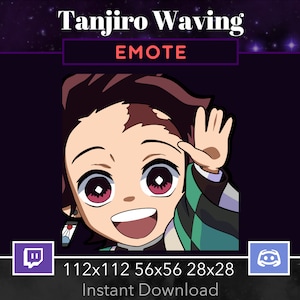 Pode incluir: Tanjiro Kamado de Demon Slayer acenando com um grande sorriso. Ele está vestindo seu haori xadrez verde e preto característico. A imagem é rotulada como "Tanjiro Waving" e "EMOTE". Há ícones para Twitch e Discord abaixo da imagem.