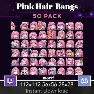以下が含まれることがあります： TwitchとDiscord用のピンクの髪の毛のアニメスタイルの顔文字50個セット。顔文字は様々なポーズと表情をしています。顔文字は3つのサイズで利用できます: 112x112、56x56、28x28。