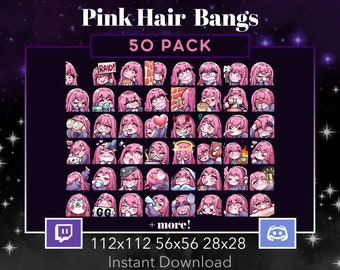 Pack de 50 gestos de Chibi Girl, Twitch, Discord, Stream, Cabello rosa, Ojos rosados, Flequillo, Kawaii, egirl, Gamer, Personalizado, Adorable, Slay, Uwu