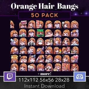 Könnte beinhalten: Ein Set mit 50 Twitch- und Discord-Emojis mit orangen Haaren. Die Emojis zeigen einen Charakter mit orangen Haaren und verschiedenen Gesichtsausdrücken. Die Emojis sind in drei Größen verfügbar: 112x112, 56x56 und 28x28. Der Text "RAID!" und "TOXIC" ist im Bild zu sehen.