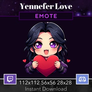 May include: A cartoon character with long black hair and purple eyes is holding a red heart. The character is wearing a purple and black outfit. The image is set against a dark purple background with white stars. The text "Yennefer Love" and "EMOTE" are at the top of the image. The text "112x112 56x56 28x28 Instant Download" is at the bottom of the image.