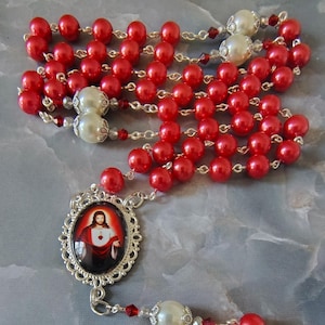Sacred Heart of Jesus Rosary Red Pearl Catholic Beads Saint Benedict Crucifix Handmade Devotional Gift Men&#39;s Gift Father&#39;s Day Gift