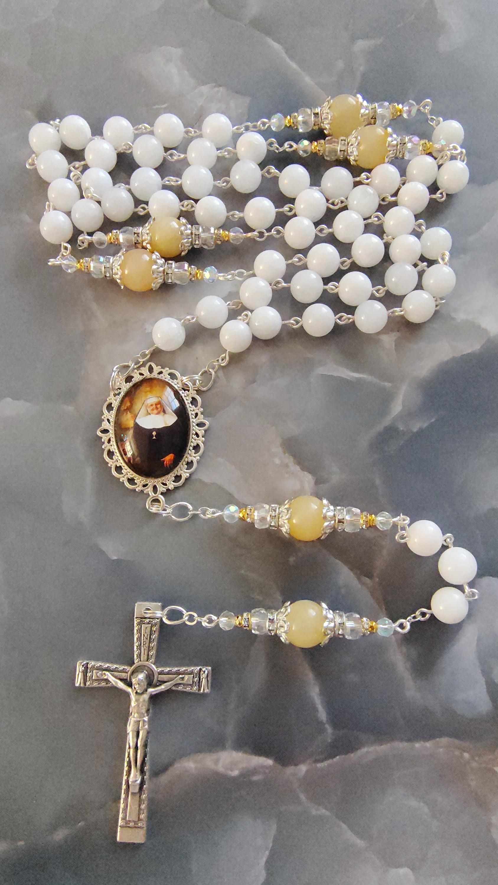 Grand Collier Chapelet En Albâtre Et Verre - Style Rosaire Avec Croix - Occasion