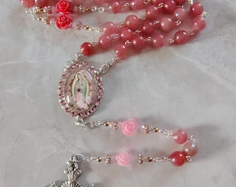 Rosario di Nostra Signora di Guadalupe, pietra di diaspro rosa, regalo cattolico fatto a mano