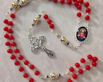 Sacred Heart Rosary: Red Glass Beads, Pardon Crucifix, Catholic Gift