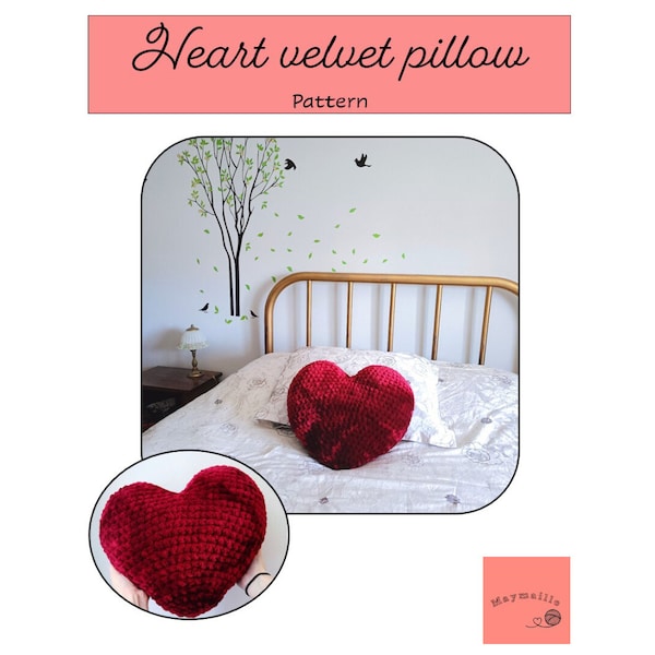 Heart Velvet Pillow *PATTERN* – Red velvet pillow in heart shape handmade in crochet