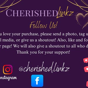 Puede incluir: Un gr&aacute;fico p&uacute;rpura con el texto "CHERISHEDlinkz" y "Follow Us!". Incluye iconos de redes sociales para Instagram y Facebook, un gr&aacute;fico de coraz&oacute;n y una solicitud para compartir fotos y etiquetar la marca.