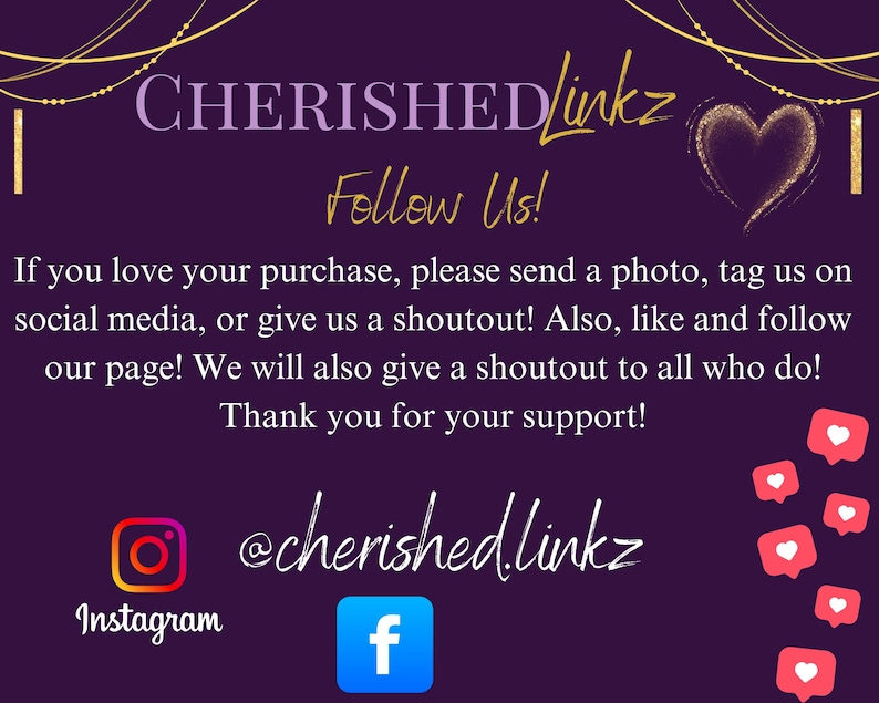 Puede incluir: Un gr&aacute;fico p&uacute;rpura con el texto "CHERISHEDlinkz" y "Follow Us!". Incluye iconos de redes sociales para Instagram y Facebook, un gr&aacute;fico de coraz&oacute;n y una solicitud para compartir fotos y etiquetar la marca.