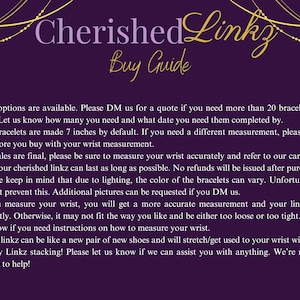 Puede incluir: Un fondo morado con elementos decorativos dorados y texto. El texto dice "Cherished Linkz Buy Guide". La gu&iacute;a proporciona informaci&oacute;n sobre el tama&ntilde;o de las pulseras, las opciones a granel y las instrucciones de cuidado. Las pulseras miden 17,78 cm por defecto.