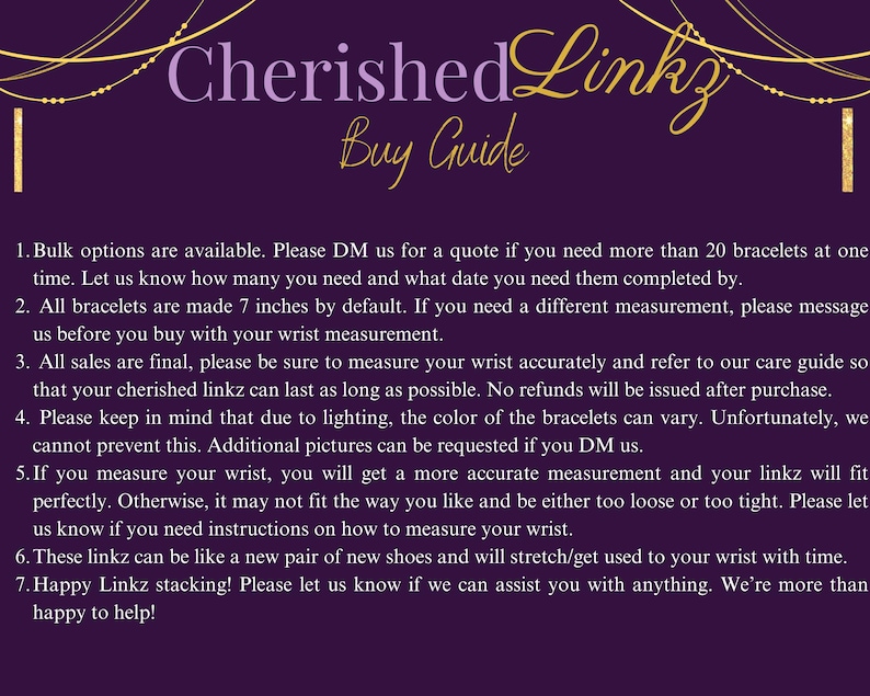 Puede incluir: Un fondo morado con elementos decorativos dorados y texto. El texto dice "Cherished Linkz Buy Guide". La gu&iacute;a proporciona informaci&oacute;n sobre el tama&ntilde;o de las pulseras, las opciones a granel y las instrucciones de cuidado. Las pulseras miden 17,78 cm por defecto.