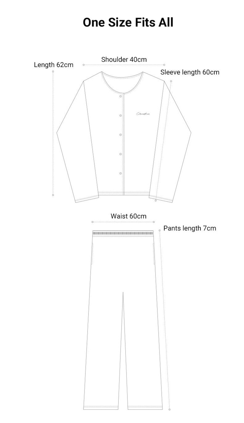 May include: A line drawing of a pajama set with measurements in centimeters. The top has a button-up front and long sleeves. The pants have a waistband and a straight leg.