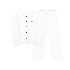 May include: White long-sleeved pajama top with red buttons and the word "Camille" embroidered on the chest, paired with white long pants.