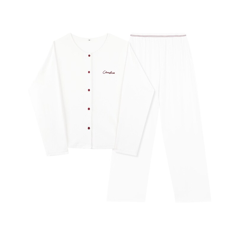 May include: White long-sleeved pajama top with red buttons and the word "Camille" embroidered on the chest, paired with white long pants.