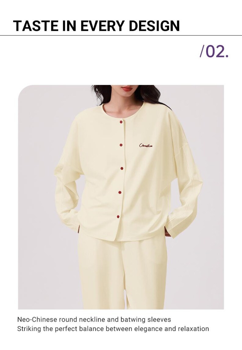 May include: A cream-colored pajama set with a round neckline and batwing sleeves. The top has a button closure and the text "Camellia" embroidered on the right side.
