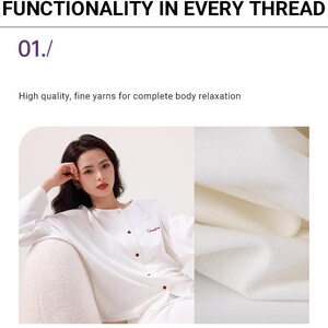 May include: A white long-sleeved shirt with red buttons and a small embroidered logo. The shirt is made of a soft, fine yarn and is designed for comfort and relaxation.