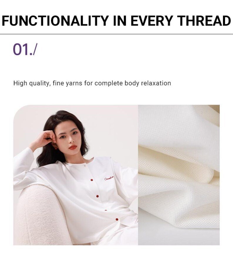 May include: A white long-sleeved shirt with red buttons and a small embroidered logo. The shirt is made of a soft, fine yarn and is designed for comfort and relaxation.