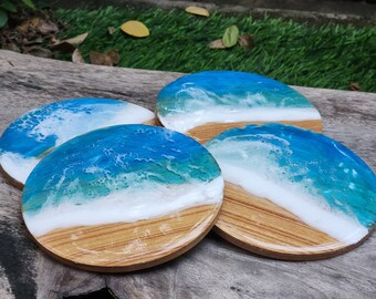Round Plywood x Resin Ocean Waves Coasters l Blue Ocean Waves l Dia 12 cm.