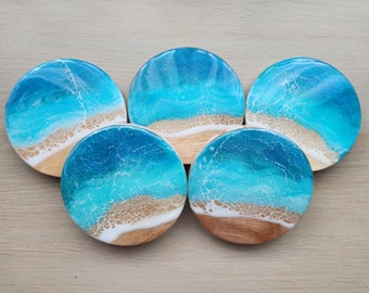 Round Rubber Wood x Resin Ocean Waves Coasters l Blue Ocean Waves l Dia 11 cm.