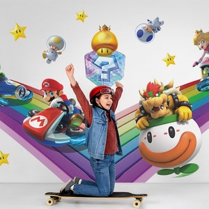 Naklejka ścienna Rainbow Super Mario Kart Mario Wall Art Luigi Naklejka ścienna Mario Racing Tapeta Naklejka ścienna do pokoju dziecięcego i pokoju dziecięcego