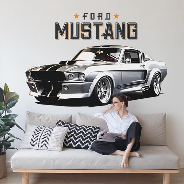 Livraison gratuite sticker voiture vintage argent Mustang sticker mural Mustang papier peint voiture classique murale pour chambre de garçon décor de salon