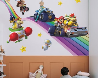 Adesivo murale arcobaleno di Super Mario Kart 8, decorazione murale di Mario, adesivo murale di Bowser, carta da parati di Mario Racing, adesivo murale per la cameretta dei bambini