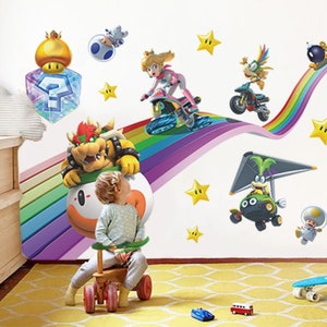 Rainbow Mario Kart Wall Decal Mario Wall Decal Princess Wall Decal Super Mario Racing Wall Art Wall Sticker For Kids And Boy Room Decal