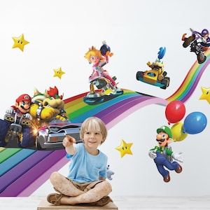 Rainbow Super Mario Kart Wall Decal Mario Wall Art Luigi Wall Sticker Mario Racing Wallpaper Wall Decal For Nursery Room kids Room Decal