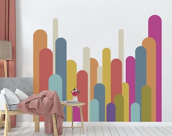 Vinilo decorativo de rayas arcoíris retro: papel pintado autoadhesivo (140 cm de ancho x 112 cm de alto)