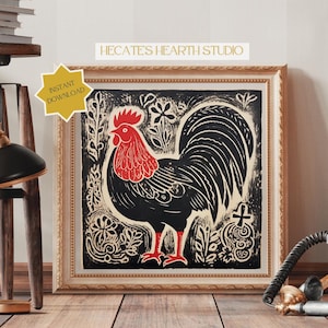Chicken Folk Scandinavian Block Print Country Cottage DOWNLOADABLE PRINT Farm Animal Kitchen Artwork