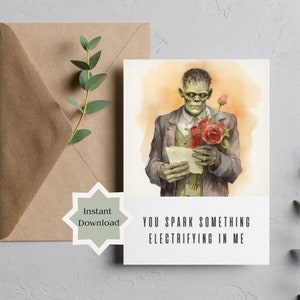 Frankenstein&#39;s Monster Valloween Valentines Day Card DOWNLOADABLE ART Old Hollywood Monster Vintage Style Card