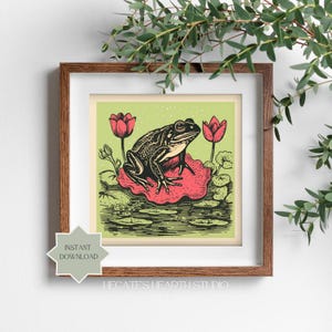 Rana sobre un nenúfar rojo / Impresión en bloque / Decoración de duendes / ARTE DESCARGABLE / Decoración caprichosa / Decoración de dopamina / Arte mural maximalista