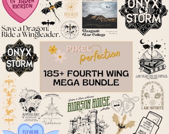 May include: A digital collage of illustrations featuring dragons, castles, and other fantasy elements. The text "185+ Fourth Wing Mega Bundle" is featured in the center of the image.