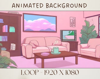 Animated Virtual Background Retro Cozy Lofi Living Room Coffee Pink | Vtuber Twitch OBS Zoom Stream Seamless Loop Overlay Moving Wallpaper