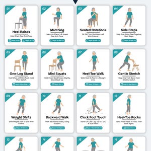 May include: A fitness guide titled "BALANCE TRAINING SYSTEM" with 16 illustrated exercises. Each exercise shows a person performing a balance exercise, such as heel raises, marching, and side steps. The guide includes instructions.